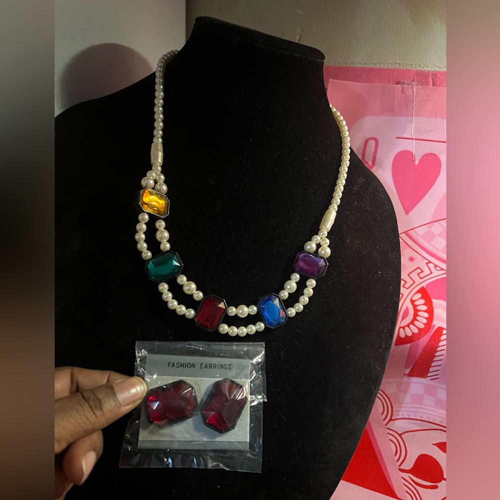 Faux Pearl,Colorful Gemstone Necklace/Bracelet set~ bonus earrings vintage 70s